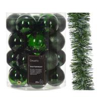 Kerstversiering set - donkergroen - kerstballen 6 cm en slinger - kunststof - Kerstbal - thumbnail
