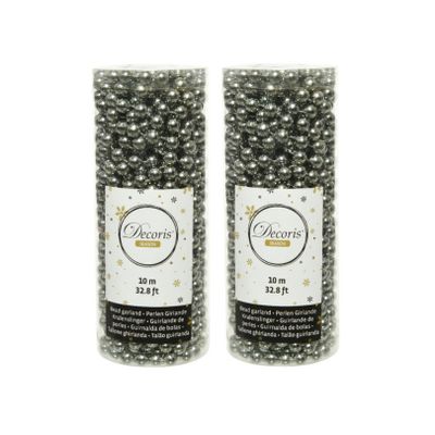 2x stuks kerstboom kralenslingers antraciet (warm grey) 10 meter kerstslingers