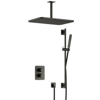 Hotbath Gal - GL106 - Inbouw Regendoucheset - Geborsteld Gunmetal PVD - Thermostatisch - Plafondbuis 15 cm - Hoofddouche 270x400 mm - Staafhanddouche - Glijstang 900 mm - met GL106 - met 2-Weg Stop-Omstel