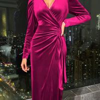 Bon&Bon Burgundy Velvet Wrap Dress - Elegant Long Sleeve Midi Hot Pink / XL