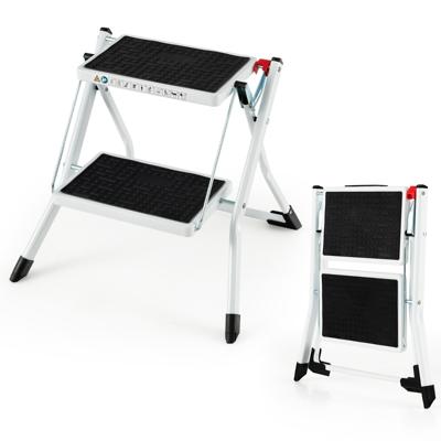 Opklapbare Trap met 2 Treden Opklapbaar 20 cm Breed tot 150 kg Belastbaar Vouwladder met Draaggreep en Anti-Slip Pedaal Wit