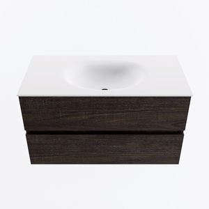 MONDIAZ VICA 90cm badmeubel onderkast Dark Brown 2 lades. Wastafel MOON midden 1 kraangat, kleur Talc.