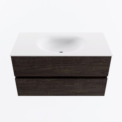 MONDIAZ VICA 90cm badmeubel onderkast Dark Brown 2 lades. Wastafel MOON midden 1 kraangat, kleur Talc.