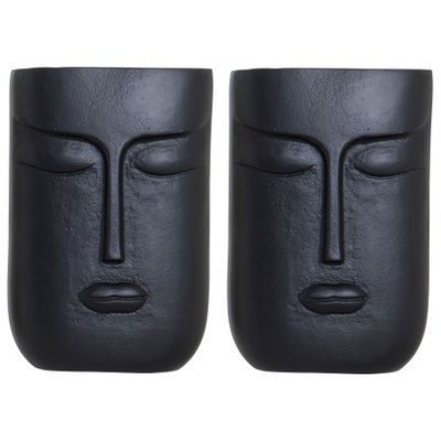 Set van 2x stuks bloemenvaas zwart van aluminium met gezicht 15 x 23 cm