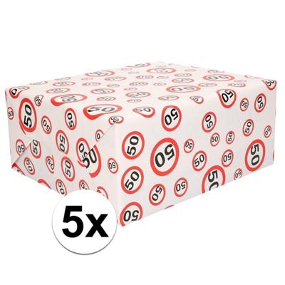 50 jaar verjaardag Inpakpapier/cadeaupapier - 5x - verkeersborden print - 300 x 70 cm - rood/wit