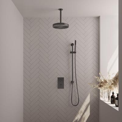 BRAUER Stripe Thermostatische Inbouw Regendouche - 3-weg - rechthoekig - 25cm douchekop - plafondarm - staaf handdouche - doucheslang - geïntegreerde glijstang - gunmetal geborsteld PVD 5-GM-405
