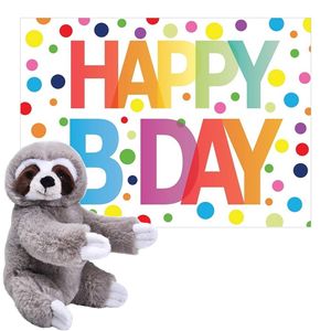 Pluche dieren knuffel luiaard 25cm met Happy Birthday wenskaart - Knuffeldier