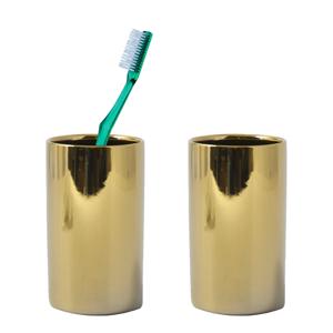 Badkamer drinkbeker/tandenborstelhouder Sienna - 2x - porselein - glans goud - 7 x 11 cm