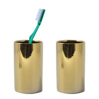 Badkamer drinkbeker/tandenborstelhouder Sienna - 2x - porselein - glans goud - 7 x 11 cm