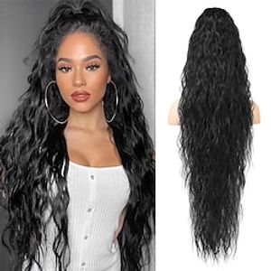 paardenstaartverlenging 34 zwarte lange golvende paardenstaartextensies met trekkoord dp001 zachter lichter 80% Japanse import synthetische clip in hair extensions natuurlijk ogend haarstukje voor Lightinthebox