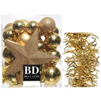 Kerstversiering kerstballen 5-6-8 cm met ster piek en golf slingers pakket goud van 35x stuks