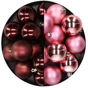 Kunststof kerstballen 6 cm - 24x stuks - bruin en roze