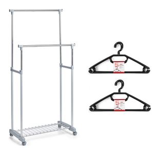 Kledingrek met kleding hangers - dubbele stang - kunststof/metaal - grijs - 83 x 43 x 107