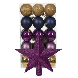 Kerstballen 30x st - goud/blauw/paars- 6 cm - met ster piek paars - kunststof