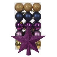 Kerstballen 30x st - goud/blauw/paars- 6 cm - met ster piek paars - kunststof - thumbnail