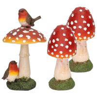 Decoratie paddenstoelen setje met 2x gewone paddenstoel en 1x met vogeltjes - thumbnail