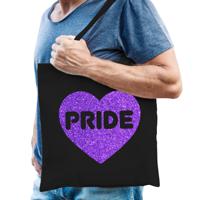 Gay Pride tas voor heren - zwart - katoen - 42 x 38 cm - paars glitter hart - LHBTI - thumbnail