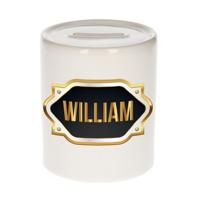 Spaarpot met voornaam William - wit - goud/zwart embleem - 8 x 9 cm - keramiek - afsluitdop