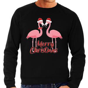 Foute Kersttrui/sweater voor heren - Merry Christmas - zwart - flamingo's