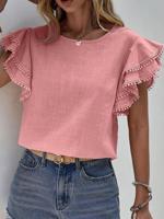 Crew Neck Casual Plain Ruffled Sleeves Regular Fit Shirt