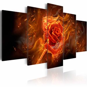 Schilderij - Vlammende roos, 5 luik, Zwart/Rood/Oranje, 2 maten, Premium print