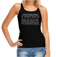 Glitter Super Mama tanktop zwart Moederdag cadeau rhinestones steentjes voor dames