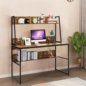 Bureau met Plank Computertafel van Hout met Metalen Frame en Verstelbare Voetpads Werktafel met Open Boekenkast (Koffie)