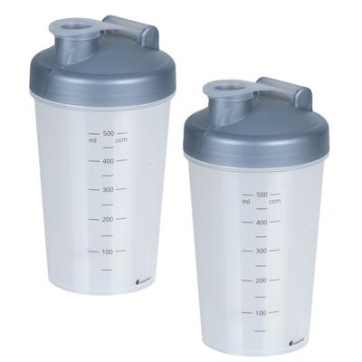 Shakebeker/shaker/bidon - 2x - 600 ml - grijs - kunststof
