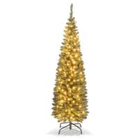 Kunstkerstboom van 150 cm Verlichte Potloodvormige Kerstboom met 296 Takpunten 150 Warmwitte LED-Verlichting en Metalen Standaard