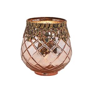 Waxinelichthouder/theelichthouder gerookt glas met metalen rand - roze - 14 x 13 cm