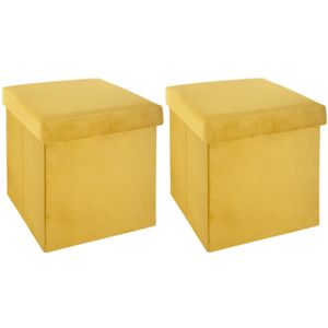 Poef/hocker - 2x - opbergbox - geel - kunststof/mdf - 38 x 38 x 38 cm - opvouwbaar