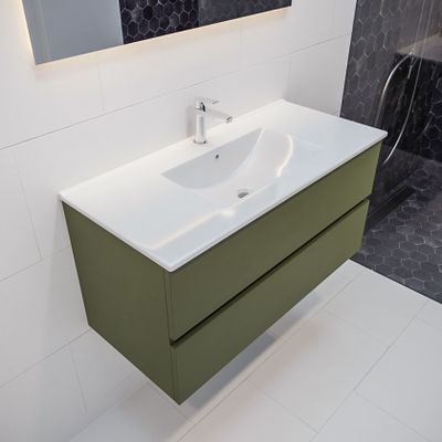 Mondiaz Vica Denia badmeubel groen mat 100 cm 2 lades keramiek enkele spoelbak midden 1 kraangat