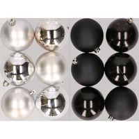 12x stuks kunststof kerstballen mix van zilver en zwart 8 cm - thumbnail