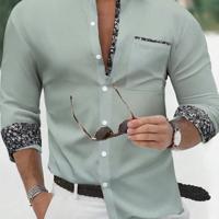 Bon&Bon Men's Yellow Long Sleeve Casual Button-Up Floral Shirt Grey / S