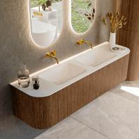 Mondiaz KURVE 170 cm Onderkast Greeploos 1 Lade Met Deuren Walnut, Wastafel Solid Surface Dubbel Talc 0 Kraangaten Zonder Spiegel (KRVCLO170L+R1L2D0KD-Wal/Tal)