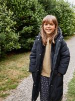 Lange donsjack met capuchon voor meisjes, gevoerd met imitatiebont zwart