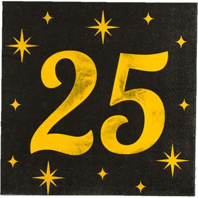 Verjaardag feest servetten - leeftijd 25 jaar - 16x stuks - zwart/goud - sterren - 33 x 33 cm