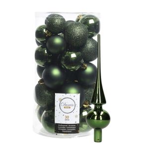 Decoris kerstballen 30x stuks - donkergroen 4/5/6 cm kunststof mat/glans/glitter mix en piek