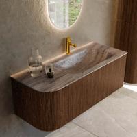 Badmeubel Mondiaz Kurve-Dlux | 115 cm | Meubelkleur Walnut | Wastafelkleur Oza | Solid surface | Wasbak rechter zijde spoelbak | 1 kraangat