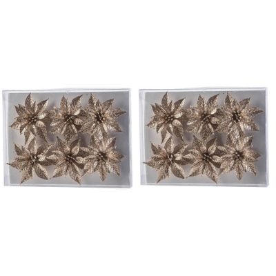 18x Kerstboomversiering champagne glitter bloemen op clip 8 cm