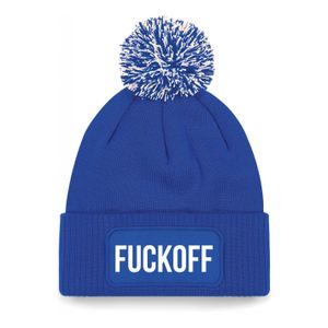 Wintersport muts met pompom - fuck off - blauw - one size - unisex - Apres ski beanie