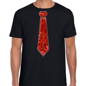 Verkleed t-shirt voor heren - stropdas rood - pailletten - zwart - carnaval - foute party