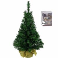 Decoris - Kleine kerstboom 45 cm - groen - met warm witte kerstverlichting - kantoor boompje