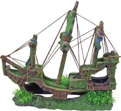 Polyresin ornament gezonken galjoen met gaten en mos 30 cm - Gebr de boon
