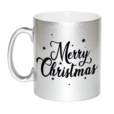 Merry Christmas met sterren cadeau kerstmok zilver kerstcadeau collega / personeel 330 ml