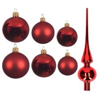 Groot pakket glazen kerstballen 50x kerstrood glans/mat 4-6-8 cm met piek glans - thumbnail