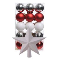 Kerstballen 30x st - parelmoer wit/rood/zilver- 6 cm - met ster piek lichtroze- kunststof