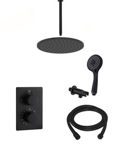 Saniclear Nero inbouw regendouche mat zwart met plafond arm, 20cm hoofddouche en 3 standen handdouche