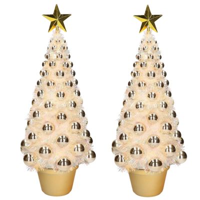 2x stuks complete mini kunst kerstbomen / kunstbomen goud met lichtjes 50 cm