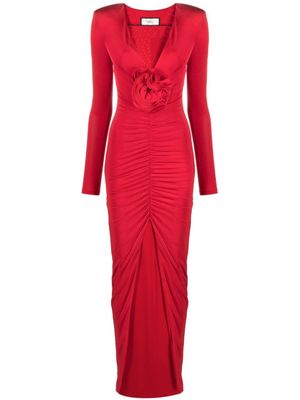 NISSA robe longue froncée à fleur appliquée - Rouge